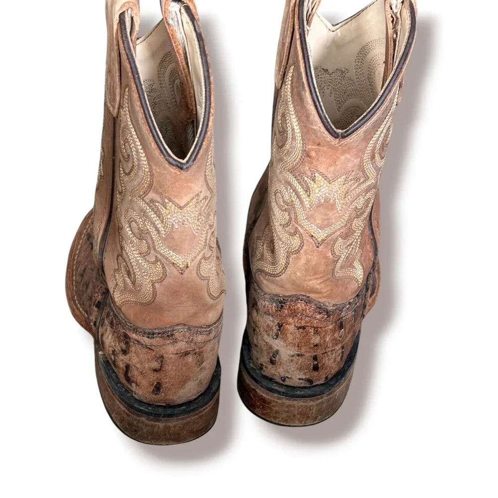 Old West Kids Faux Caiman Western Boots Tan Brown Size 8.5 D Cowboy Ranch